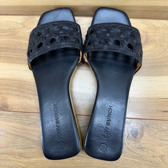 Tory Burch Basketweave Wooden Slides Womens 10.5 M Black Leather Slip On Clog - Picture 8 of 11